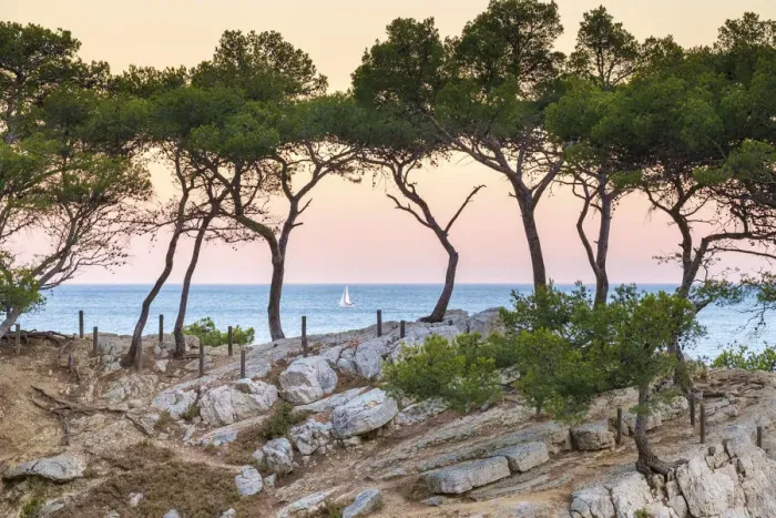 Framed Print : Sailboat passing Mediterranean landscape at Calanque de Sugiton at sunset, Parc National Framed Print : Sailboat passing Mediterranean landscape at Calanque de Sugiton at sunset, Parc National