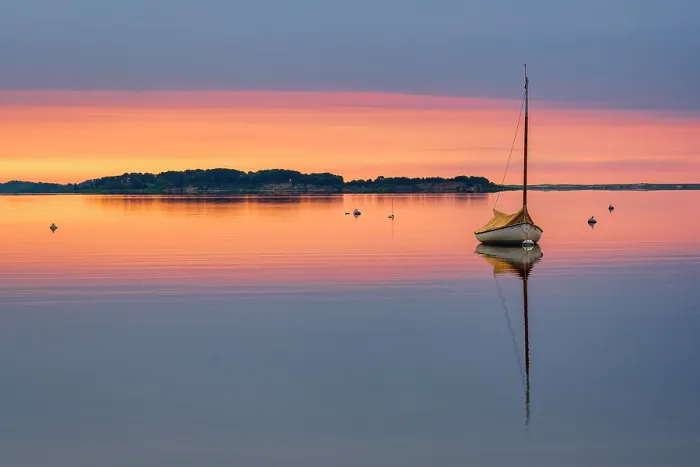 Framed Print : Sailboat reflection at sunrise, Cape Cod, Chatham, Massachusetts, USA