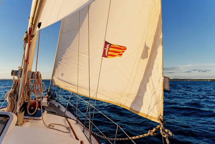 Framed Print : Sailboat's Catalan flag billows, open sea. Majorca, Balearic Islands, Spain Framed Print : Sailboat's Catalan flag billows, open sea. Majorca, Balearic Islands, Spain