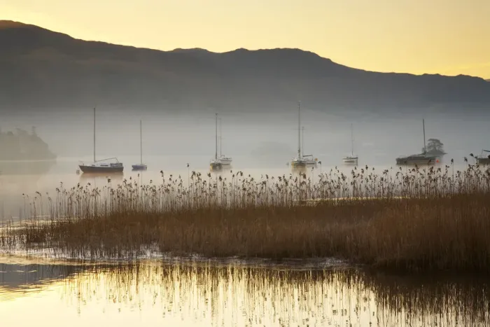 Framed Print : Sailboats on Derwent Water in Mist, Lake District National Park, Cumbria, England