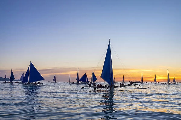Sailboats at sunset on White Beach, Boracay Island, Aklan Province, Western Visayas
