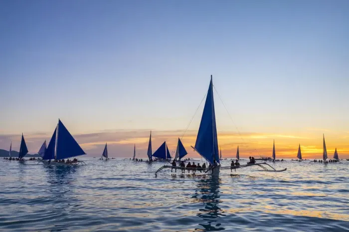 Framed Print : Sailboats at sunset on White Beach, Boracay Island, Aklan Province, Western Visayas