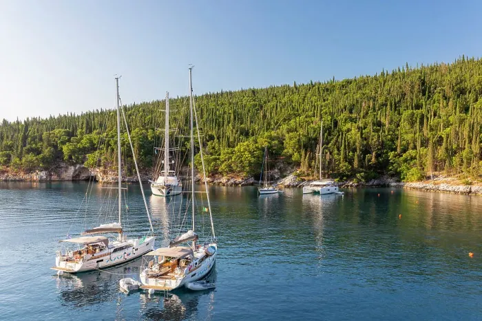 Framed Print : Sailing boats at Foki Bay, Fiskardo, Kefalonia, Ionian Islands, Greece Framed Print : Sailing boats at Foki Bay, Fiskardo, Kefalonia, Ionian Islands, Greece