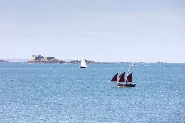 Sailing boats and fort, St. Malo, Ille et Vilaine, Brittany, France