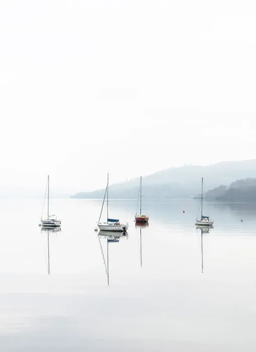 Framed Print : Sailing boats reflected in Windermere on a misty autumnal morning, Lake District National Park, Cumbria, England Framed Print : Sailing boats reflected in Windermere on a misty autumnal morning, Lake District National Park, Cumbria, England