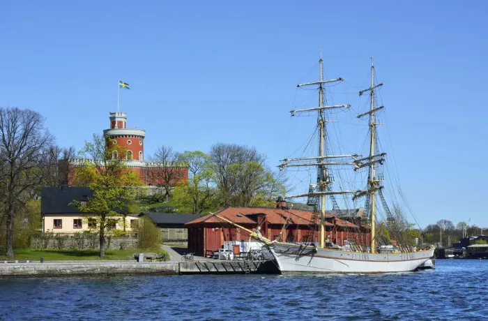 Framed Print : Sailing ship docked on the shore in Kastellholmen. Stockholm, Sweden Framed Print : Sailing ship docked on the shore in Kastellholmen. Stockholm, Sweden