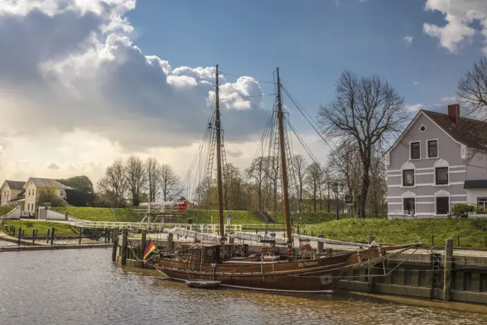 Framed Print : Sailing ship in the port of Toenning, North Friesland, Schleswig-Holstein Framed Print : Sailing ship in the port of Toenning, North Friesland, Schleswig-Holstein