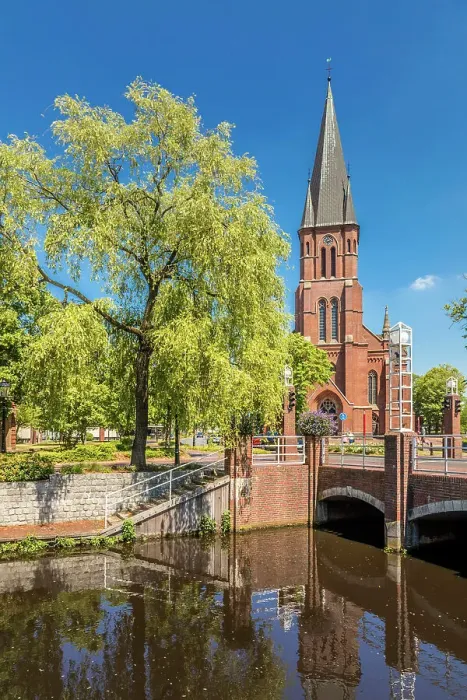 Framed Print : Saint Antonius Church on the main canal in the old town of Papenburg, Emsland, Lower Saxony, Germany