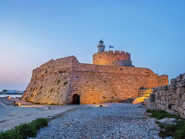 Saint Nicholas Fortress at dusk, Rhodes City, Rhodes Island, Dodecanese, Greece