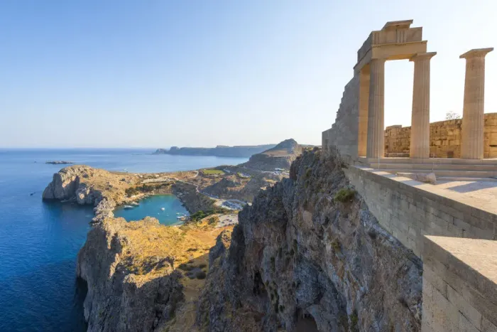 Framed Print : Saint Pauls bay, Lindos, Rhodes, Greece. Panorama from the acropolis of Lindos