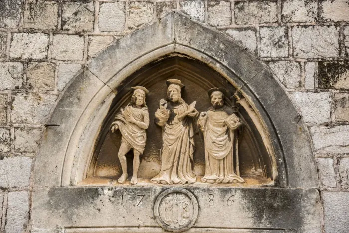 Framed Print : The three saints statues carved above the entrance door of Church of St Luke, Dubrovnik Framed Print : The three saints statues carved above the entrance door of Church of St Luke, Dubrovnik