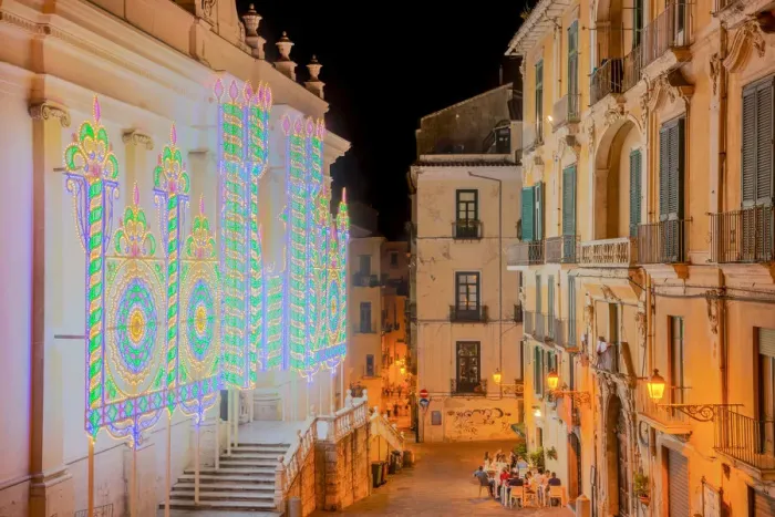 Framed Print : Salerno, with the traditional lights at the entrance of the cathedral to celebrate the feast of saint matthew, Campania region, Italy Framed Print : Salerno, with the traditional lights at the entrance of the cathedral to celebrate the feast of saint matthew, Campania region, Italy