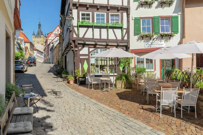 Framed Print : Salzgasse with a view of the Blue Tower, Bad Wimpfen, Neckartal Valley, Burgenstrasse, Baden-Wurttemberg; Germany