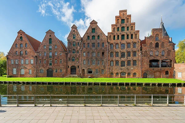 Salzspeicher on sunny day, riverside warehouses for salt built in the Renaissance style, Lubeck, UNESCO, Schleswig-Holstein, Germany