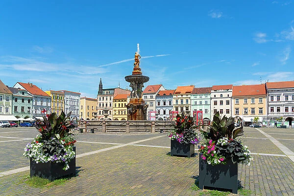 Samson fountain at Premysl Otakar II Square, Ceske Budejovice, South Bohemian Region, Czech Republic