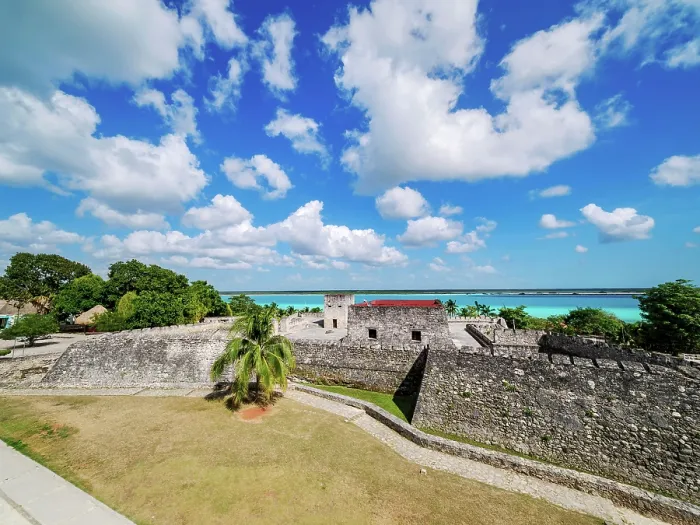 Framed Print : San Felipe Fort and Bacalar Lagoon, elevated view, Bacalar, Quintana Roo State, Mexico