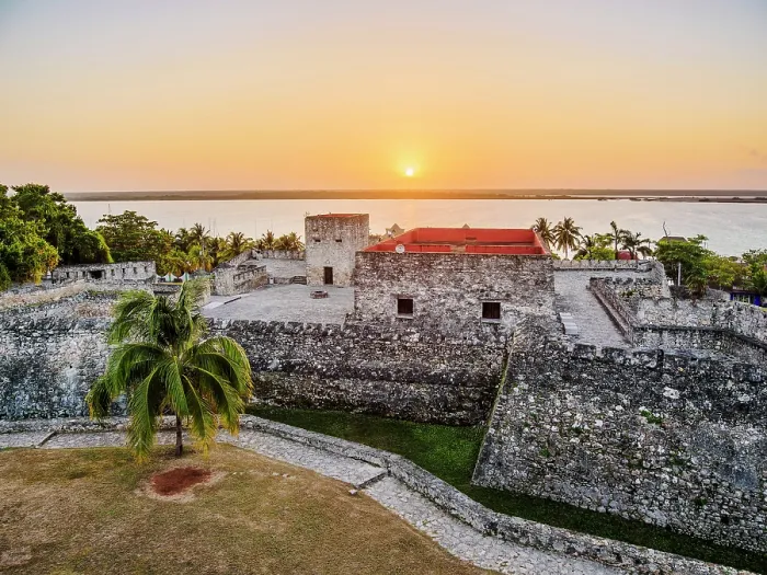 Framed Print : San Felipe Fort and Bacalar Lagoon at sunrise, elevated view, Bacalar, Quintana Roo State, Mexico Framed Print : San Felipe Fort and Bacalar Lagoon at sunrise, elevated view, Bacalar, Quintana Roo State, Mexico