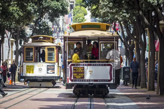 Framed Print : San Francisco, California, USA. Two cable cars in the streets of Frisco, one of Framed Print : San Francisco, California, USA. Two cable cars in the streets of Frisco, one of