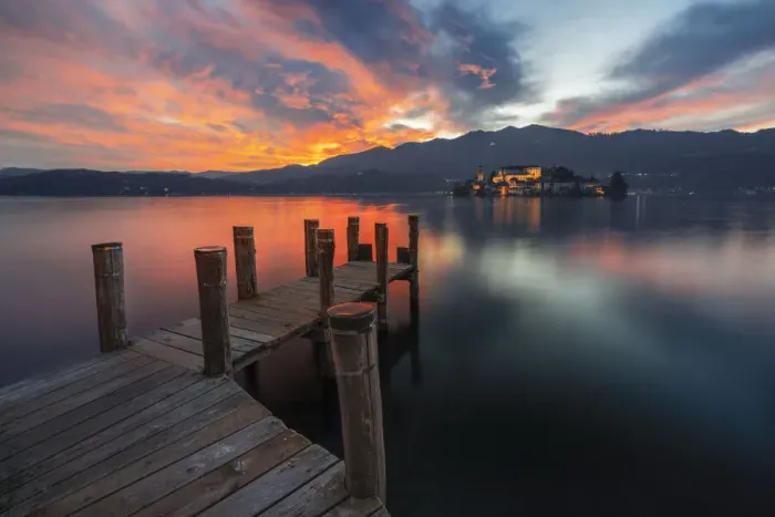 Framed Print : San Giulio island at sunset, Orta San Giulio, Novara, Piedmont, Italy