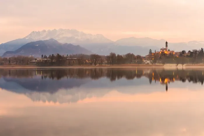 Framed Print : San Giuseppe Church and Bosisio Parini lakefront reflected in the Pusiano lake with Framed Print : San Giuseppe Church and Bosisio Parini lakefront reflected in the Pusiano lake with