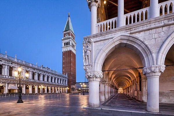San Marco bell tower and gallery of Ducal Palace at dusk, Venice, Veneto, Italy, Europe