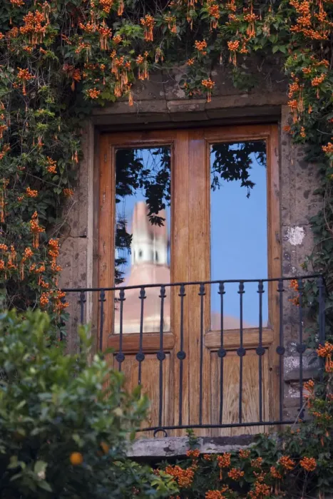 Framed Print : San Miguel de Allende; Mexico; An attractive spanish style balcony with the refelction Framed Print : San Miguel de Allende; Mexico; An attractive spanish style balcony with the refelction