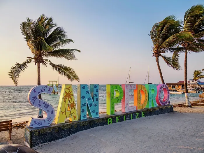 Framed Print : San Pedro Sign at sunrise, Central Park, San Pedro Town, Ambergris Caye, Belize District, Belize