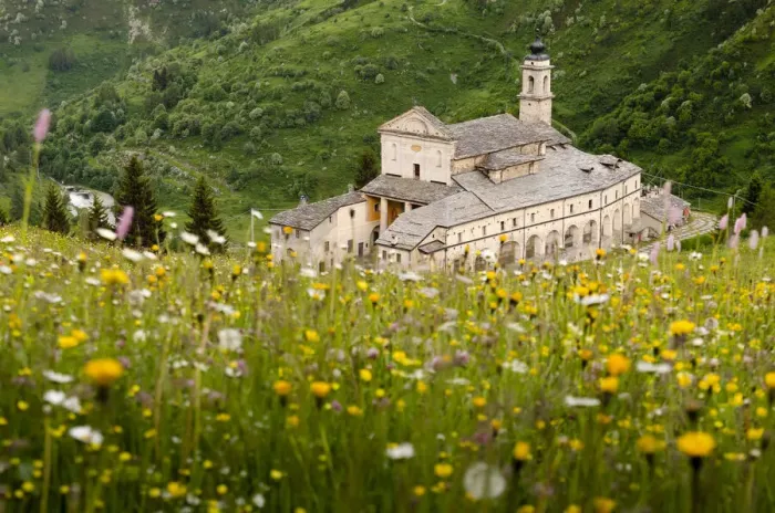 Framed Print : Sanctuary in Grana Valley with a flowery meadow, Castelmagno, Piedmont, Italy Framed Print : Sanctuary in Grana Valley with a flowery meadow, Castelmagno, Piedmont, Italy