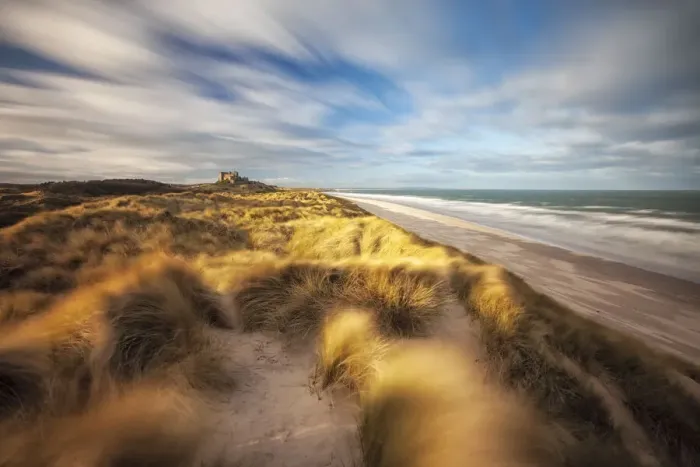 Framed Print : Sand dunes and Bamburgh Castle, Northumberland, England, UK