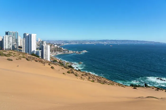 Framed Print : Sand dunes with high-rise buildings on coast and distant view of Vina del Mar and Valparaiso, Concon, Valparaiso Province, Valparaiso Region, Chile Framed Print : Sand dunes with high-rise buildings on coast and distant view of Vina del Mar and Valparaiso, Concon, Valparaiso Province, Valparaiso Region, Chile