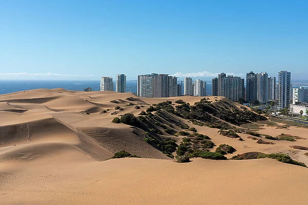 Sand dunes and residential high-rise buildings, Concon, Valparaiso Province, Valparaiso Region, Chile