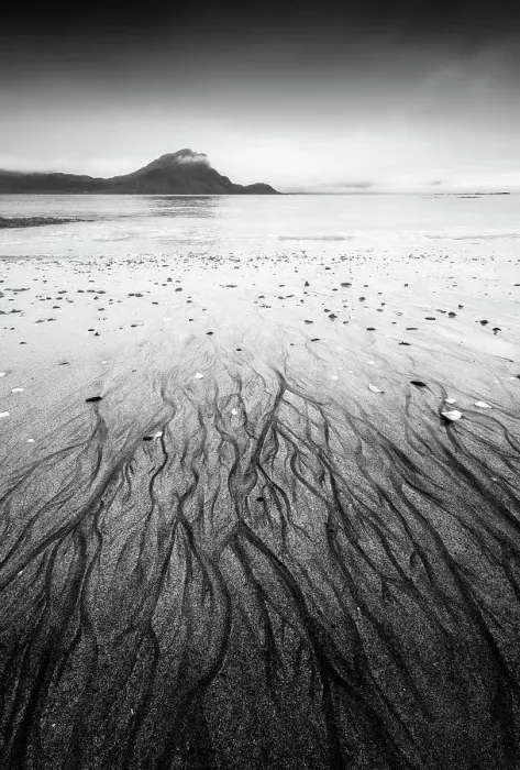 Framed Print : Sand patterns create an eye-catching foreground at Haukland beach on a gloomy summer morning. Lofoten Islands, Norway Framed Print : Sand patterns create an eye-catching foreground at Haukland beach on a gloomy summer morning. Lofoten Islands, Norway