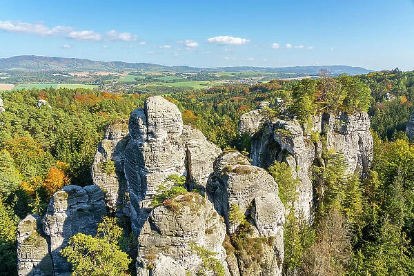 Sandstone rock formations seen from Vyhlidka u Lvicka (Lion's view) viewpoint, Hruba Skala, Bohemian Paradise Protected Landscape Area, Karlovice, Semily District, Liberec Region, Bohemia, Czech Republic