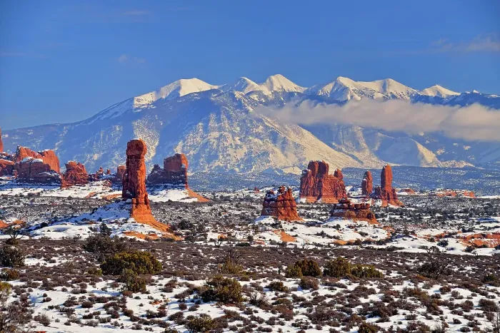 Framed Print : Sandstone spires and La Sal Mpuntains in winter, Arches National Park, Utah, USA