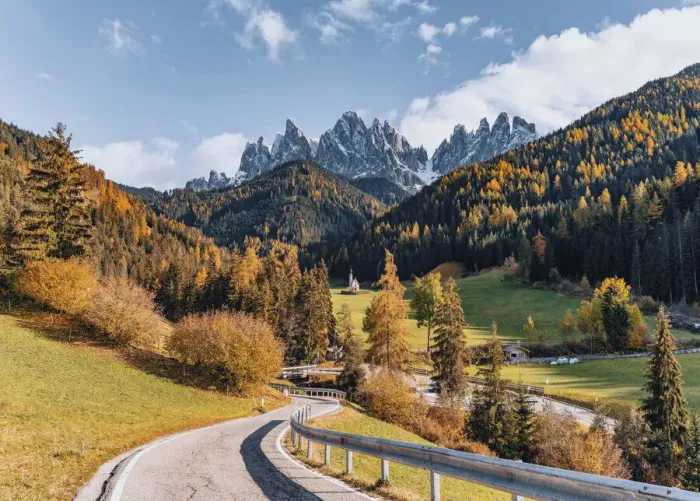 Framed Print : Santa Maddalena Church and road. Autumn landscape scenics, Trentino Alto Adige Framed Print : Santa Maddalena Church and road. Autumn landscape scenics, Trentino Alto Adige