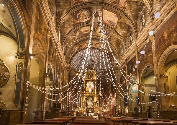 Santa Maria dels Angels church in Pollenca with Christmas decorations, Mallorca, Spain