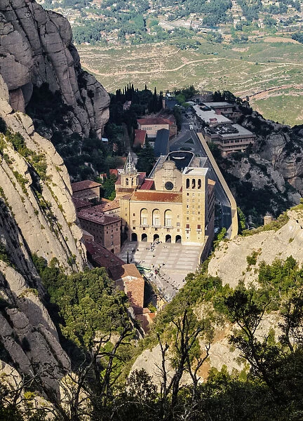 Santa Maria de Montserrat Abbey, elevated view, Montserrat mountain range near Barcelona