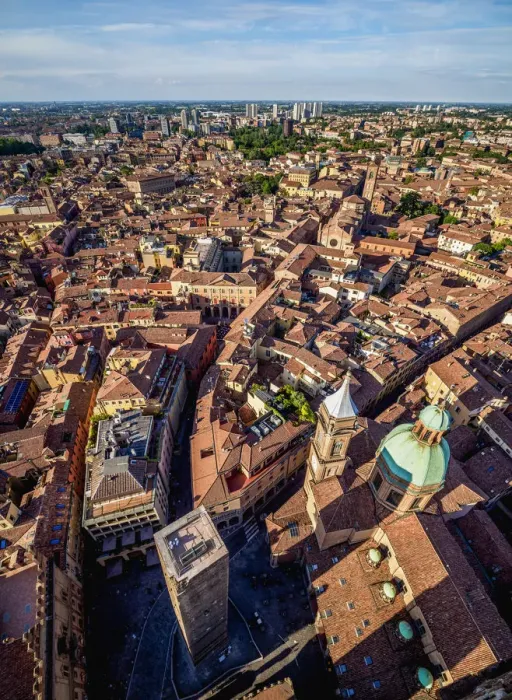 Framed Print : Santi Bartolomeo e Gaetano Church and Garisenda Tower, elevated view, Bologna