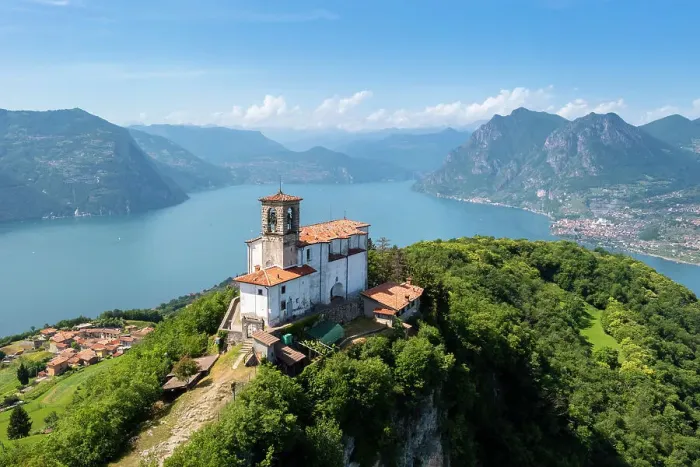 Framed Print : Santuario della Madonna della Ceriola on top of Montisola, Iseo lake. Siviano, Montisola, Brescia province, Lombardy, Italy