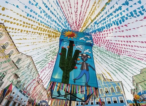 Sao Joao Festival Decorations on Largo do Pelourinho, low angle view, Salvador, State of Bahia