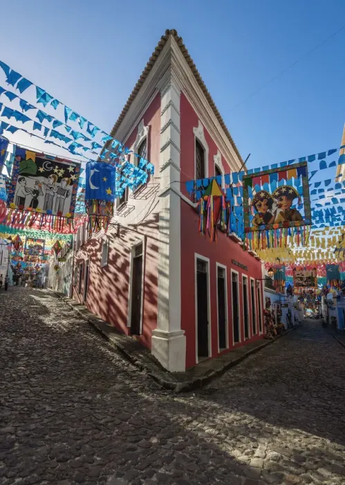 Framed Print : Sao Joao Festival Decorations on the streets of Pelourinho, Old Town, Salvador, State Framed Print : Sao Joao Festival Decorations on the streets of Pelourinho, Old Town, Salvador, State