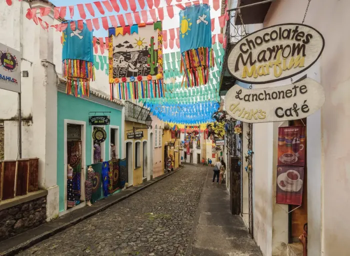 Framed Print : Sao Joao Festival Decorations on the streets of Pelourinho, Old Town, Salvador, State Framed Print : Sao Joao Festival Decorations on the streets of Pelourinho, Old Town, Salvador, State