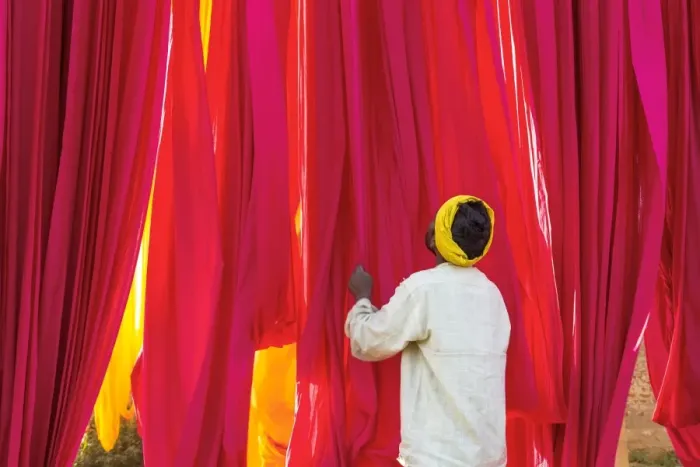 Framed Print : Sari Factory, Textiles dried in the open air, The textiles are hung to dry on bamboo rods Framed Print : Sari Factory, Textiles dried in the open air, The textiles are hung to dry on bamboo rods