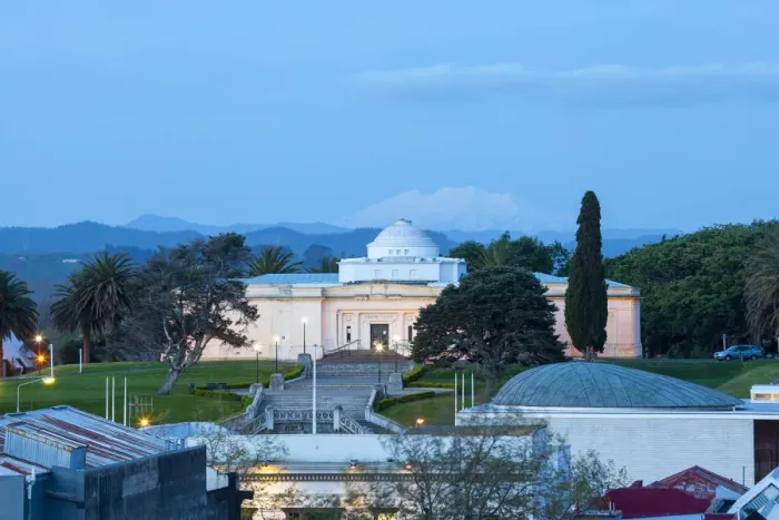 Framed Print : Sarjeant Gallery & Mount Ruapehu illuminated at dusk, Wanganui, North Island
