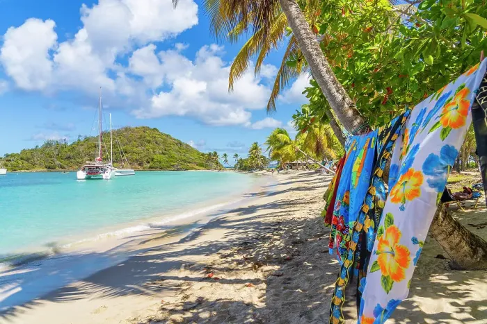 Framed Print : Sarongs for sale on Salt Whistle bay Beach, Mayreau Island in the Tobago Cays in the Grenadines Islands, Saint Vincent and the Grenadines, Caribbean Framed Print : Sarongs for sale on Salt Whistle bay Beach, Mayreau Island in the Tobago Cays in the Grenadines Islands, Saint Vincent and the Grenadines, Caribbean