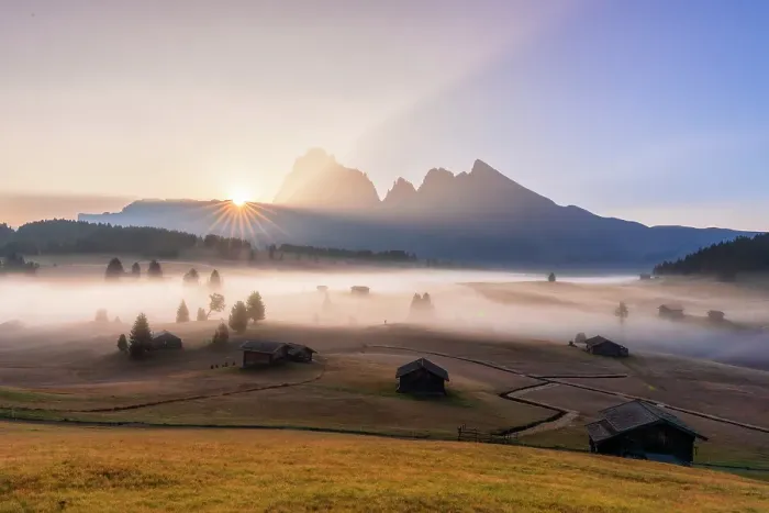 Framed Print : Sassolungo and Sassopiatto lit by sun rays in the foggy autumn landscape of Seiser Alm, Dolomites, South Tyrol, Italy Framed Print : Sassolungo and Sassopiatto lit by sun rays in the foggy autumn landscape of Seiser Alm, Dolomites, South Tyrol, Italy