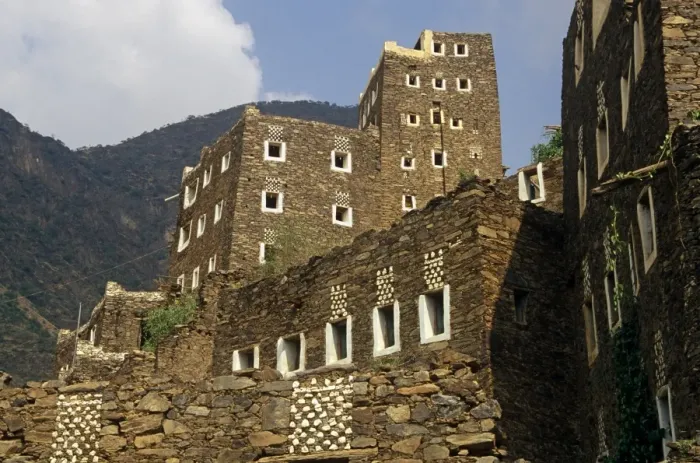Framed Print : Saudi Arabia, Asir, Rejal- al-amaa. Standing in the Asir Mountains and recently part-restored