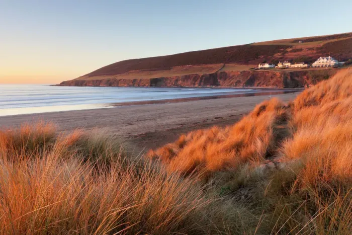 Framed Print : Saunton Sands and Saunton Down from the sand dunes at Braunton Burrows, Devon, England