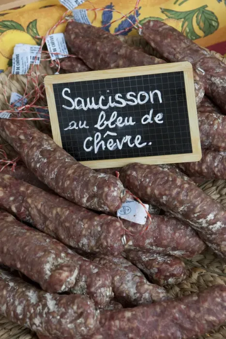 Framed Print : Sausage for sale in a market in rural Provence France