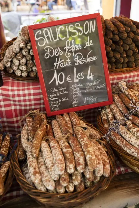 Framed Print : Sausages at a market in Valensole, Provence, France Framed Print : Sausages at a market in Valensole, Provence, France